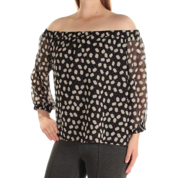 CYNTHIA ROWLEY Womens Black Geometric Long Sleeve Off Shoulder Top Size: S - Picture 3 of 4